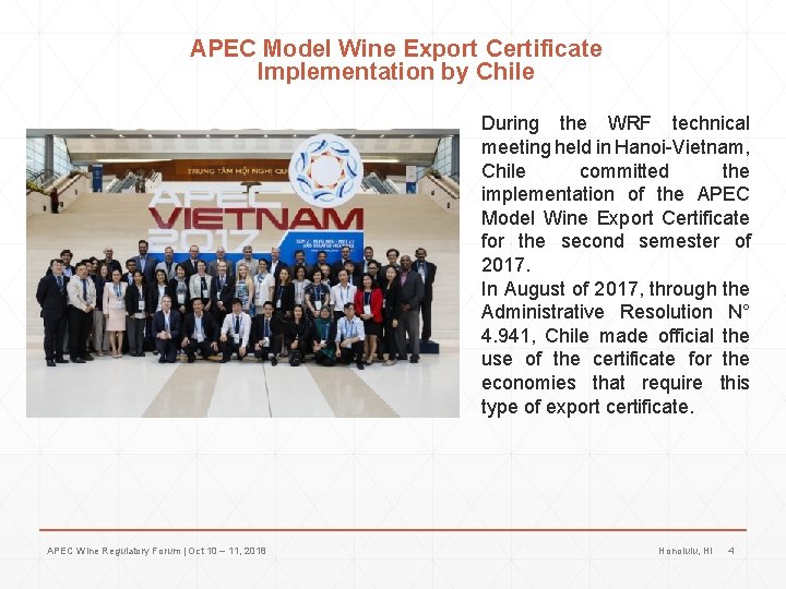 APEC Model Wine Export Certificate Implementation by Chile During the WRF technical meeting held