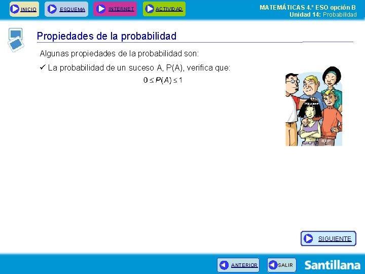 INICIO ESQUEMA INTERNET MATEMÁTICAS 4. º ESO opción B Unidad 14: Probabilidad ACTIVIDAD Propiedades