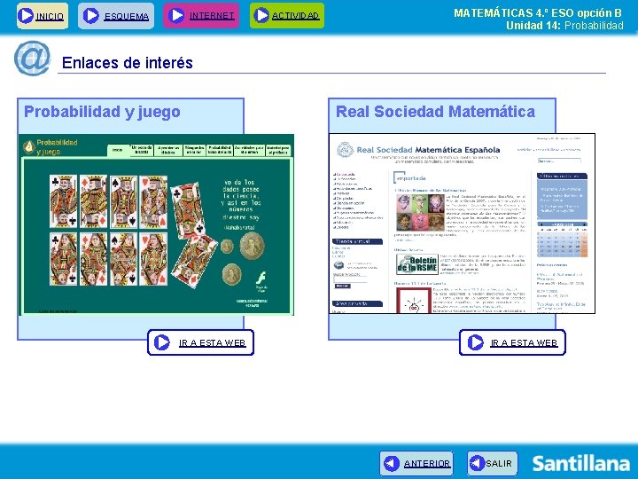 INICIO INTERNET ESQUEMA MATEMÁTICAS 4. º ESO opción B Unidad 14: Probabilidad ACTIVIDAD Enlaces