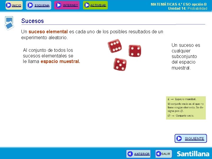 INICIO ESQUEMA INTERNET MATEMÁTICAS 4. º ESO opción B Unidad 14: Probabilidad ACTIVIDAD Sucesos