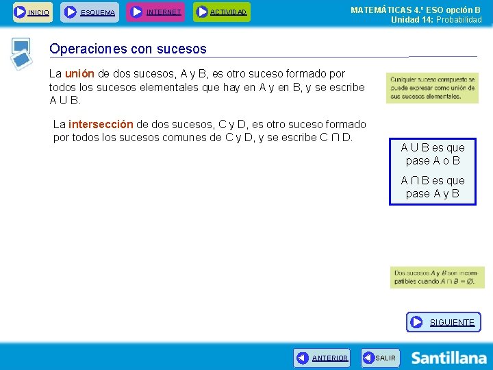 INICIO ESQUEMA INTERNET MATEMÁTICAS 4. º ESO opción B Unidad 14: Probabilidad ACTIVIDAD Operaciones