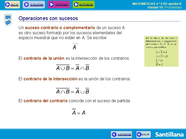 INICIO ESQUEMA INTERNET MATEMÁTICAS 4. º ESO opción B Unidad 14: Probabilidad ACTIVIDAD Operaciones