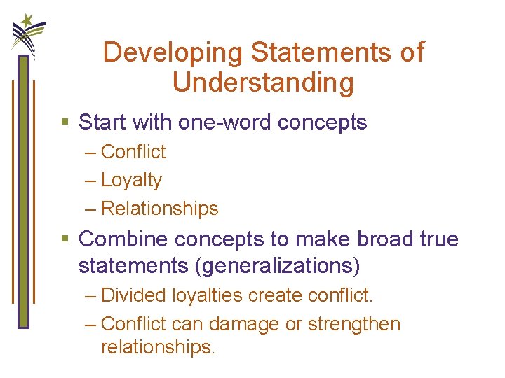 Developing Statements of Understanding § Start with one-word concepts – Conflict – Loyalty –