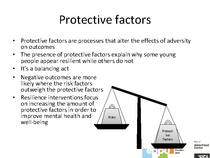 Protective factors • Protective factors are processes that alter the effects of adversity on