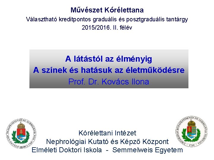 Művészet Kórélettana Választható kreditpontos graduális és posztgraduális tantárgy 2015/2016. II. félév A látástól az