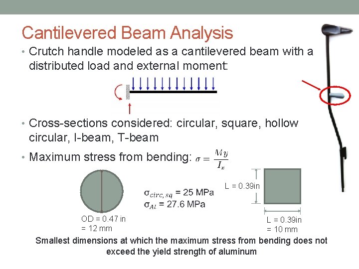 Cantilevered Beam Analysis • Crutch handle modeled as a cantilevered beam with a distributed