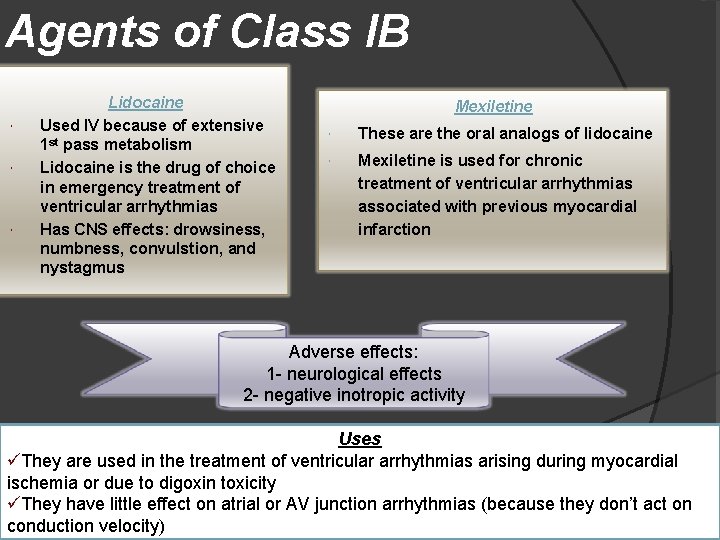 Agents of Class IB Lidocaine Used IV because of extensive 1 st pass metabolism