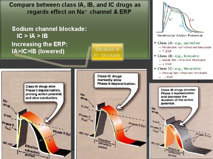 Compare between class IA, IB, and IC drugs as regards effect on Na+ channel