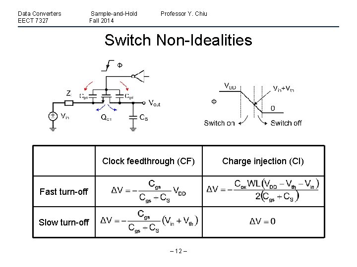 Data Converters EECT 7327 Sample-and-Hold Fall 2014 Professor Y. Chiu Switch Non-Idealities Clock feedthrough