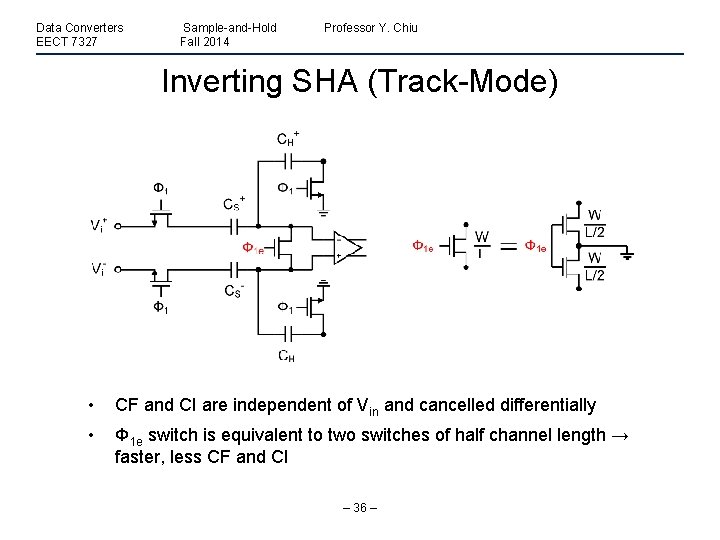 Data Converters EECT 7327 Sample-and-Hold Fall 2014 Professor Y. Chiu Inverting SHA (Track-Mode) •