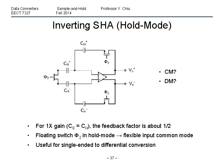 Data Converters EECT 7327 Sample-and-Hold Fall 2014 Professor Y. Chiu Inverting SHA (Hold-Mode) •