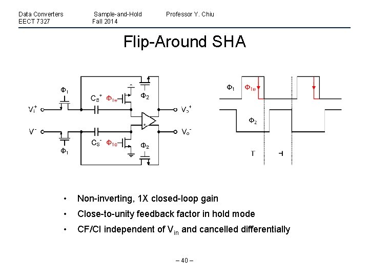 Data Converters EECT 7327 Sample-and-Hold Fall 2014 Professor Y. Chiu Flip-Around SHA • Non-inverting,