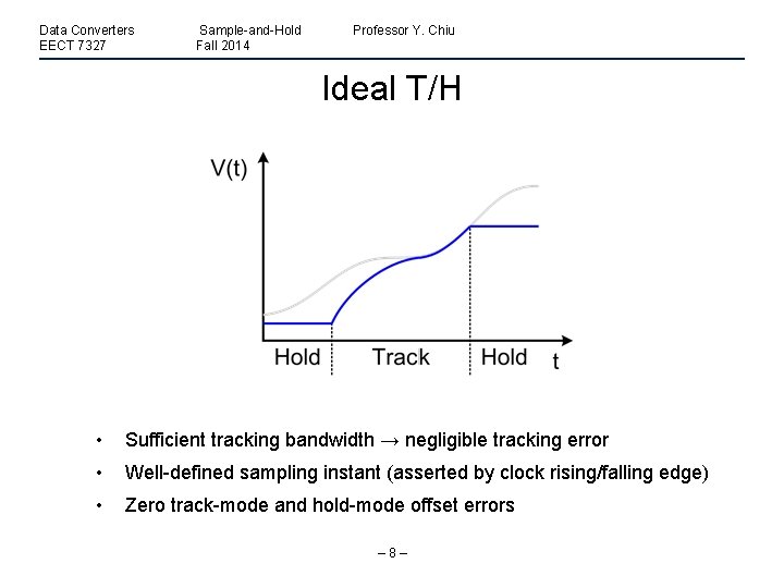 Data Converters EECT 7327 Sample-and-Hold Fall 2014 Professor Y. Chiu Ideal T/H • Sufficient