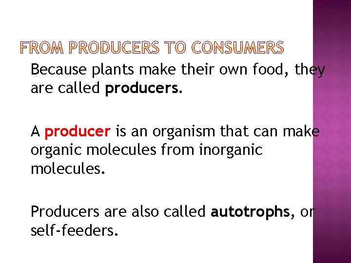 �Because plants make their own food, they are called producers. �A producer is an