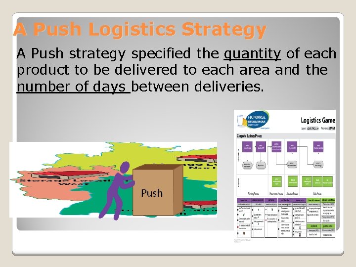 A Push Logistics Strategy A Push strategy specified the quantity of each product to