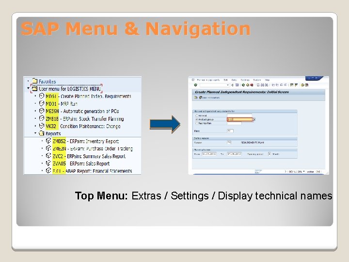 SAP Menu & Navigation Top Menu: Extras / Settings / Display technical names 