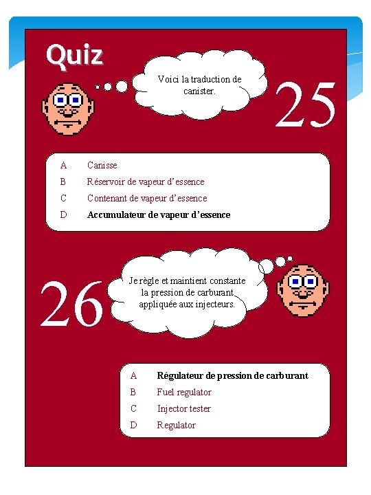 Quiz Voici la traduction de canister. A Canisse B Réservoir de vapeur d’essence C