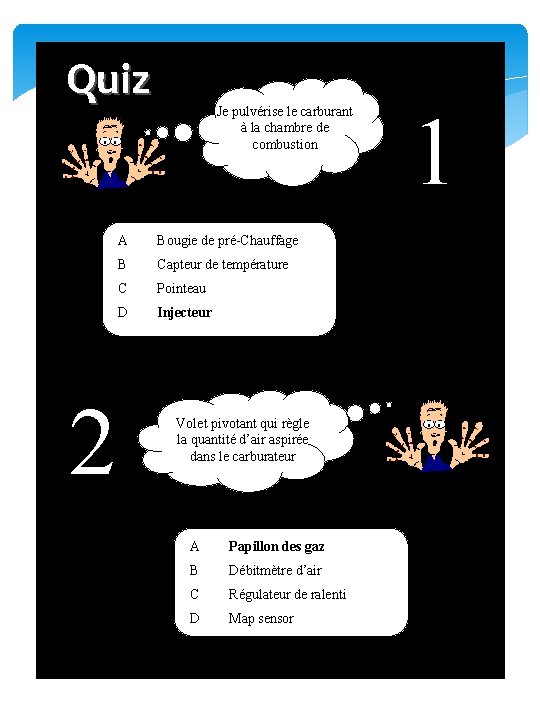 Quiz 2 Je pulvérise le carburant à la chambre de combustion A Bougie de