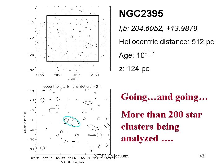 NGC 2395 l, b: 204. 6052, +13. 9879 Heliocentric distance: 512 pc Age: 109.