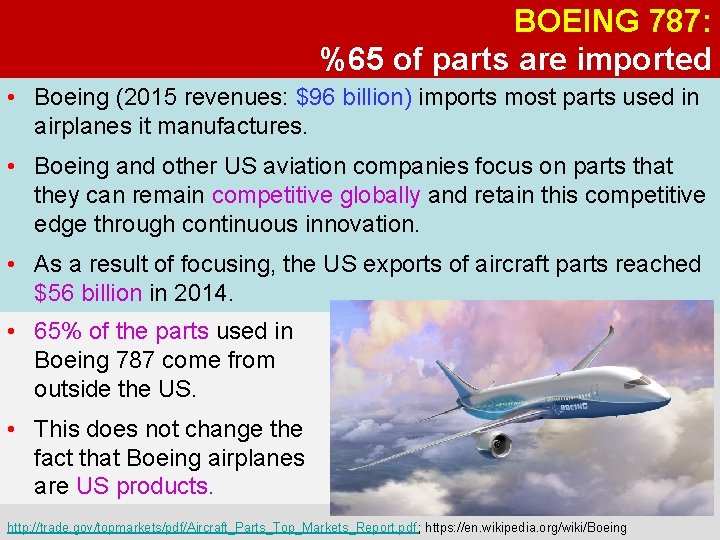 BOEING 787: %65 of parts are imported • Boeing (2015 revenues: $96 billion) imports