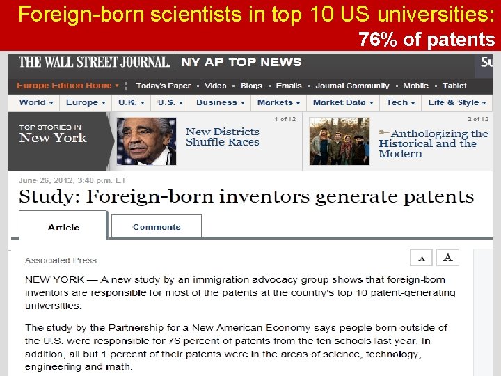 Foreign-born scientists in top 10 US universities: 76% of patents 