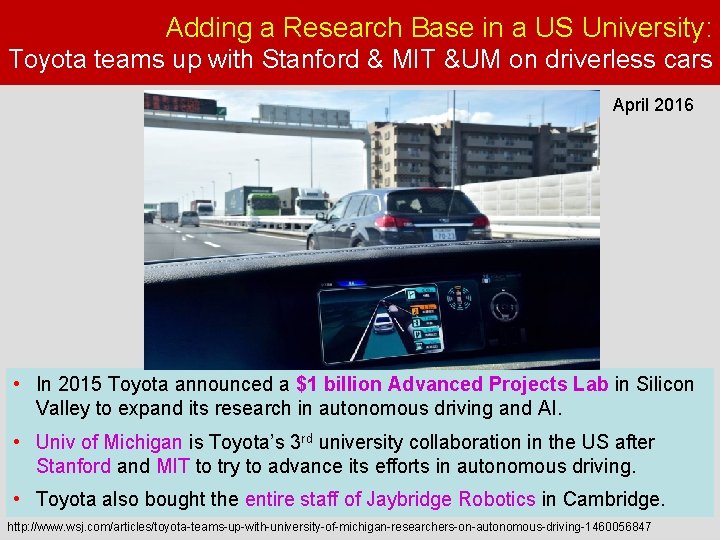 Adding a Research Base in a US University: Toyota teams up with Stanford &