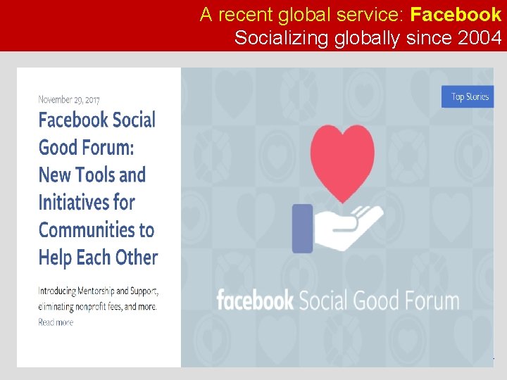A recent global service: Facebook Socializing globally since 2004 