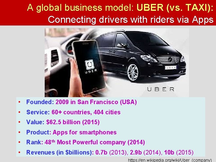 A global business model: UBER (vs. TAXI): Connecting drivers with riders via Apps •