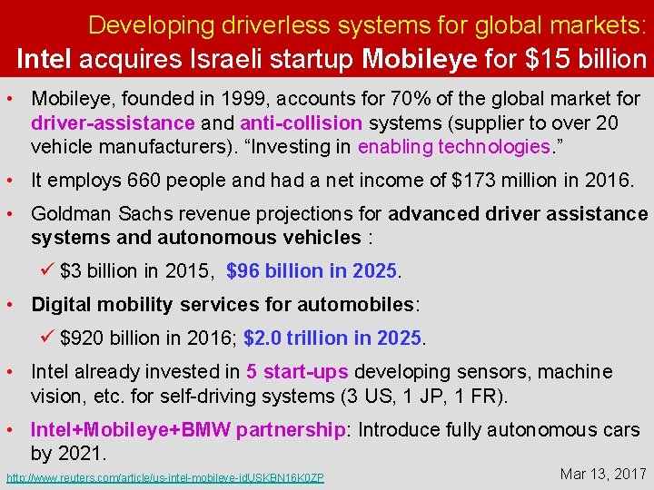 Developing driverless systems for global markets: Intel acquires Israeli startup Mobileye for $15 billion