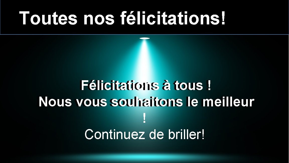 Toutes nos félicitations! Félicitations àà tous !! Nous vous souhaitons le le meilleur !