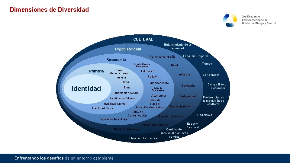 Dimensiones de Diversidad CULTURAL Entendimiento de la autoridad Organizacional Rol en la compañía Secundaria