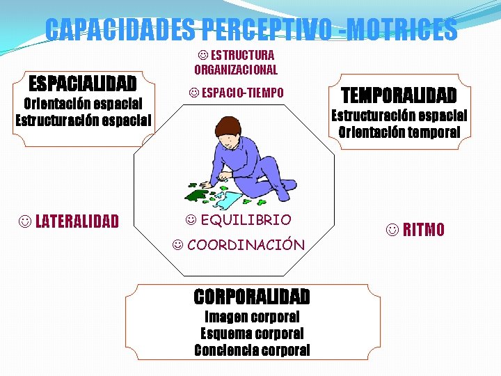 CAPACIDADES PERCEPTIVO -MOTRICES ESPACIALIDAD Orientación espacial Estructuración espacial J LATERALIDAD J ESTRUCTURA ORGANIZACIONAL J