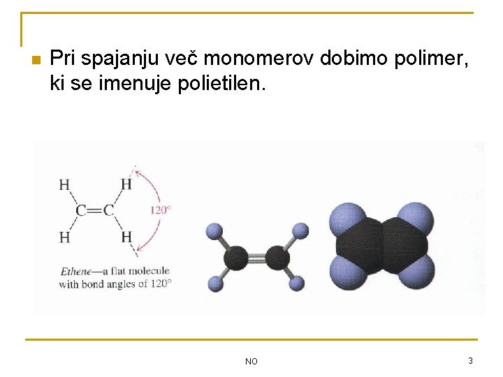 n Pri spajanju več monomerov dobimo polimer, ki se imenuje polietilen. NO 3 