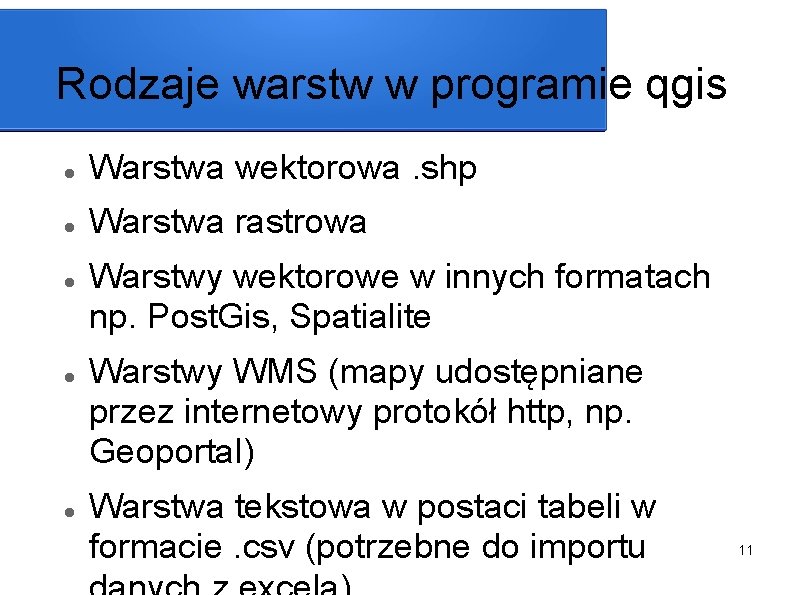 Rodzaje warstw w programie qgis Warstwa wektorowa. shp Warstwa rastrowa Warstwy wektorowe w innych