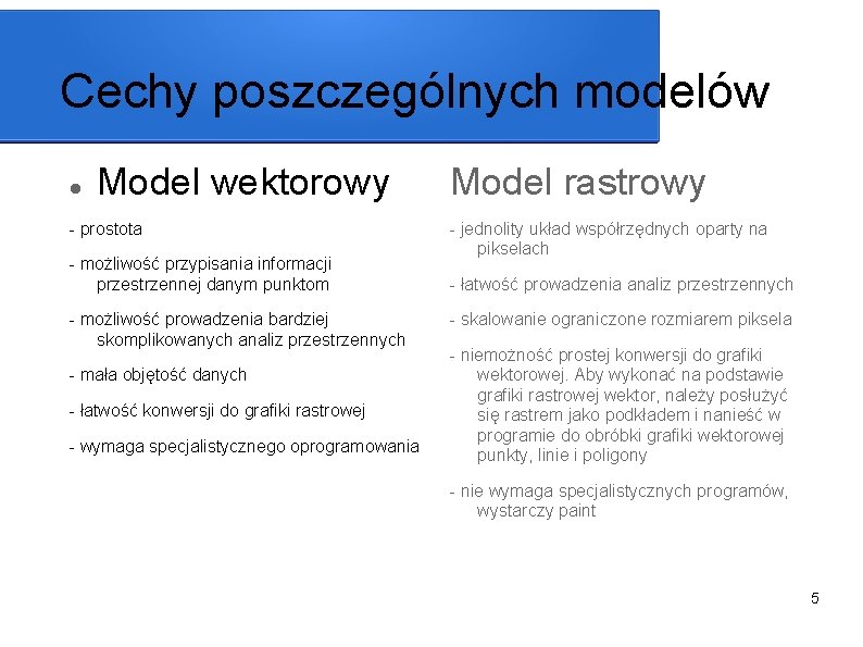 Cechy poszczególnych modelów Model wektorowy - prostota - możliwość przypisania informacji przestrzennej danym punktom