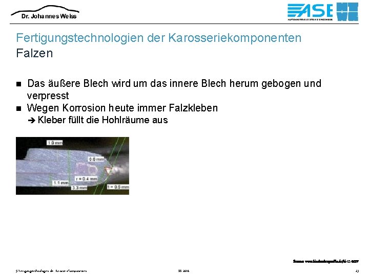 Fertigungstechnologien der Karosseriekomponenten Falzen Das äußere Blech wird um das innere Blech herum gebogen