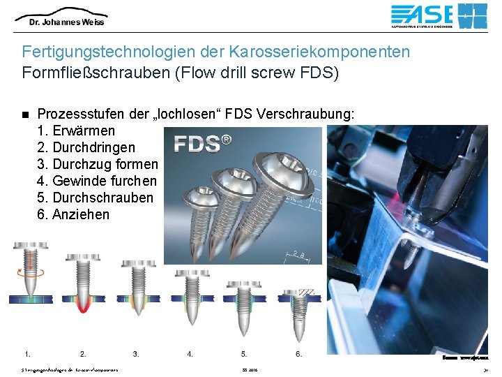Fertigungstechnologien der Karosseriekomponenten Formfließschrauben (Flow drill screw FDS) n Prozessstufen der „lochlosen“ FDS Verschraubung: