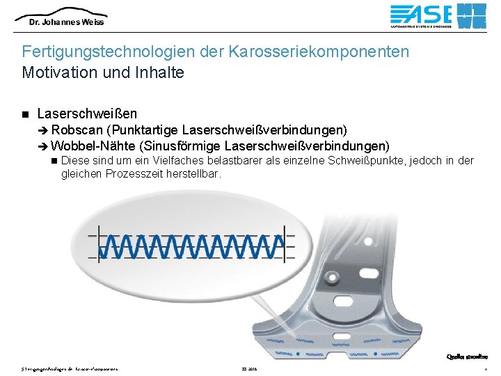 Fertigungstechnologien der Karosseriekomponenten Motivation und Inhalte n Laserschweißen è Robscan (Punktartige Laserschweißverbindungen) è Wobbel-Nähte