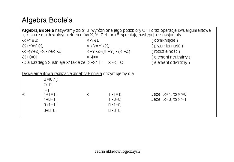 Algebra Boole’a Algebrą Boole’a nazywamy zbiór B, wyróżnione jego podzbiory O i I oraz