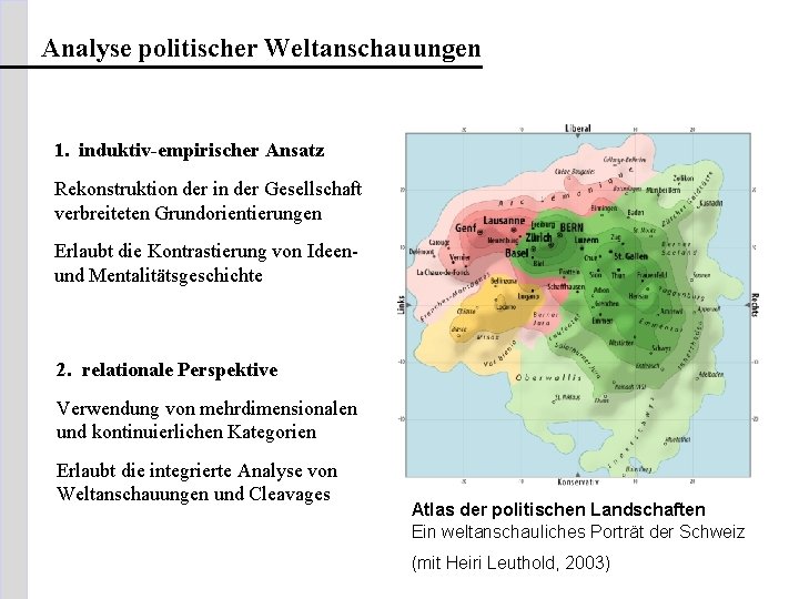 Analyse politischer Weltanschauungen 1. induktiv-empirischer Ansatz Rekonstruktion der in der Gesellschaft verbreiteten Grundorientierungen Erlaubt