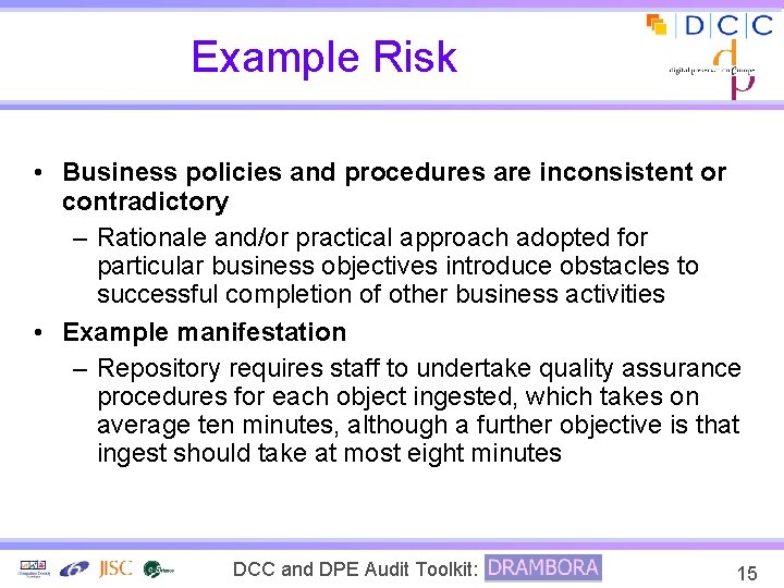 Example Risk • Business policies and procedures are inconsistent or contradictory – Rationale and/or