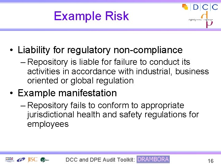 Example Risk • Liability for regulatory non-compliance – Repository is liable for failure to