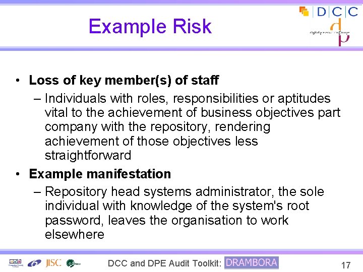 Example Risk • Loss of key member(s) of staff – Individuals with roles, responsibilities
