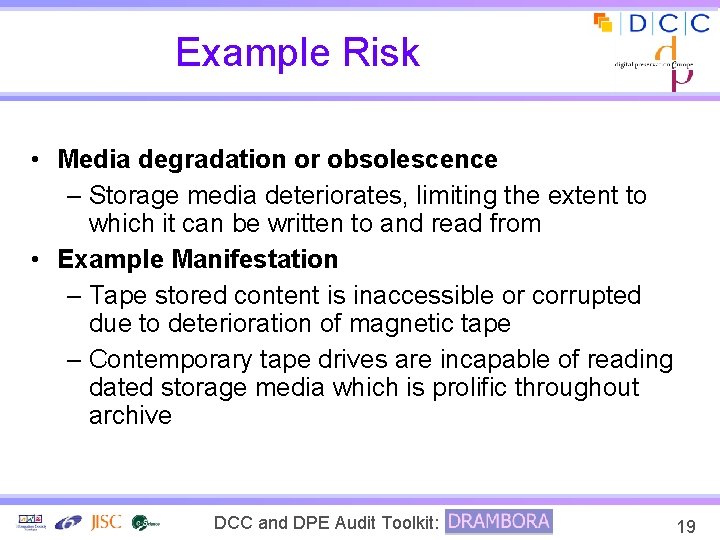 Example Risk • Media degradation or obsolescence – Storage media deteriorates, limiting the extent