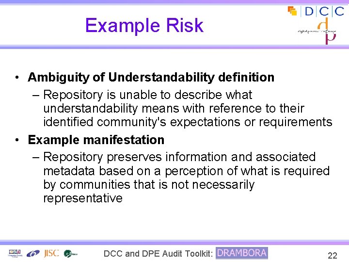 Example Risk • Ambiguity of Understandability definition – Repository is unable to describe what