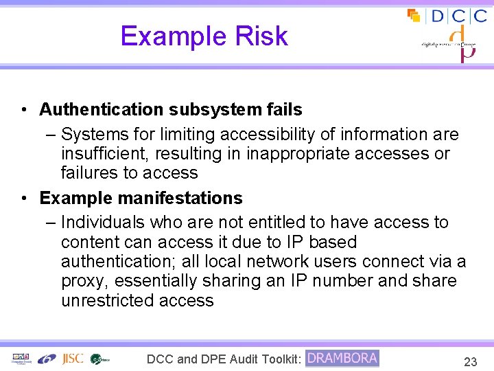 Example Risk • Authentication subsystem fails – Systems for limiting accessibility of information are
