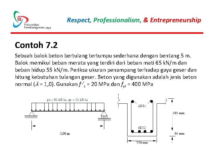 Respect, Professionalism, & Entrepreneurship Contoh 7. 2 Sebuah balok beton bertulang tertumpu sederhana dengan