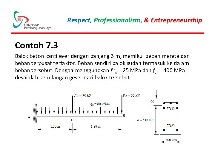 Respect, Professionalism, & Entrepreneurship Contoh 7. 3 Balok beton kantilever dengan panjang 3 m,