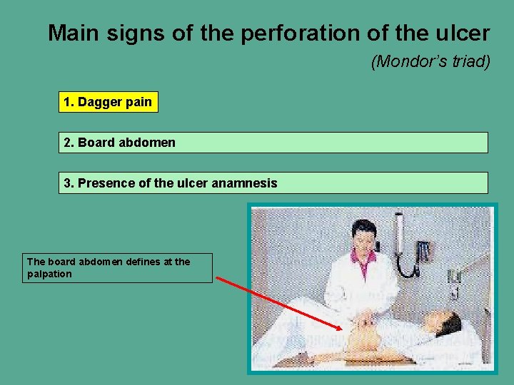 Main signs of the perforation of the ulcer (Mondor’s triad) 1. Dagger pain 2.