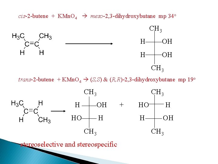 cis-2 -butene + KMn. O 4 meso-2, 3 -dihydroxybutane mp 34 o CH 3